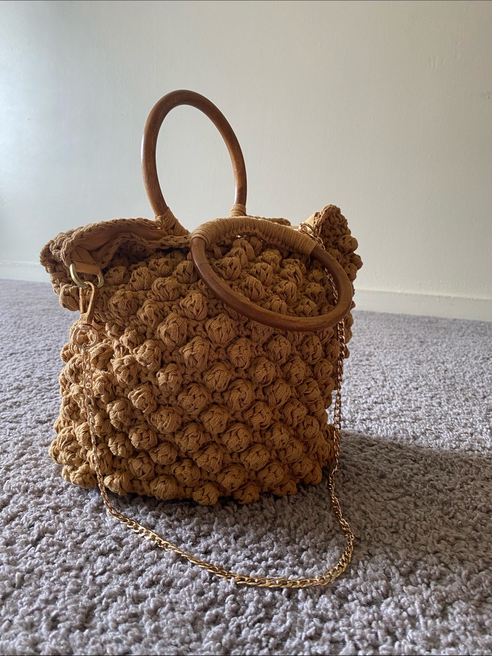 Zara Crochet Bubble Shoulder Bag with Wooden Handles - Brown